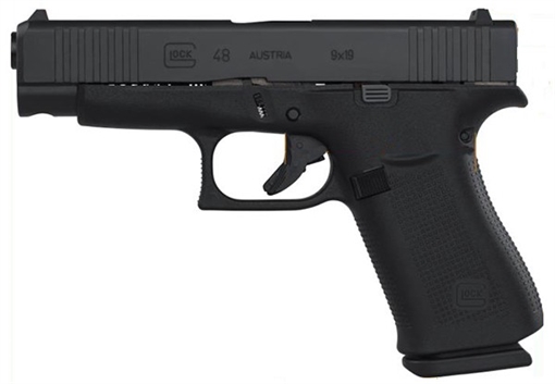 Picture of Glock G48 Gen5 Slim Compact 9mm Luger 10+1 4.17" Black GMB Barrel, Black nDLC Serrated Slide, Black Polymer Frame w/Beavertail, Black Textured Polymer Grip PA4850201