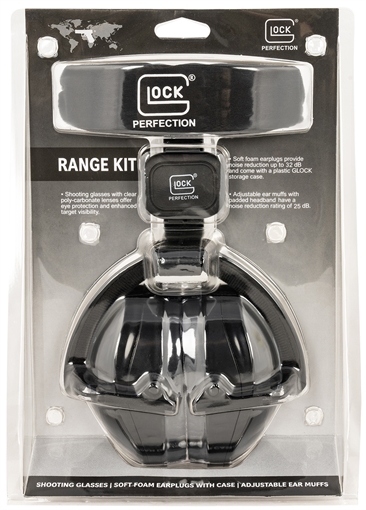 Picture of GLOCK Hearing Protection Ear Muffs, Hearing Protection Ear Muff Holder With Integrated Belt Clip, Foam Ear Plugs With Connection Tether, GLOCK Ear Plug Case, Shooter/Safety Glasses, GLOCK Cloth Pouch, Black AP60220