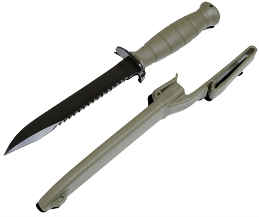 Picture of Glock Field 7" Fixed Clip Point Plain/Saw Black High Carbon Steel Blade Battle Field Green Textured Trimond Polymer Handle Features Clamshell Packaging KF039181