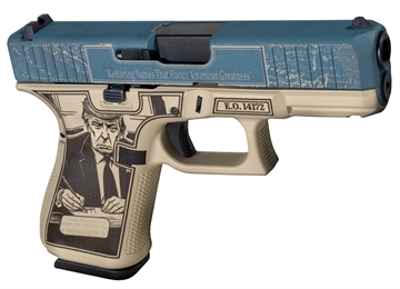 Picture of Glock G19 Gen 5 Gulf of America Compact Frame 9mm Luger 15+1 4.02" Black GMB Barrel, Distressed Blue Steel Serrated Slide, Tan w/Trump Polymer Frame w/Picatinny Rail, Ambidextrous PA195S204NGOA