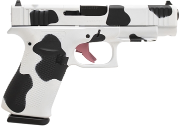 Picture of Glock G48 Gen5 MOS Slim Frame 9mm Luger 10+1 4.17" Black GMB Barrel, Cow Print Cerakote MOS Cut/Serrated Steel Slide, Polymer Frame w/Beavertail & Textured Grip PA4850204FRMOSMOO