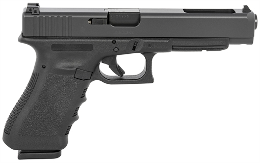 Picture of GLOCK 34 Gen 3, Prac/Tac, Striker Fired, Semi-automatic, Polymer Frame Pistol, Full Size, 9MM, 5.31" Barrel, Matte Finish, Black, Adjustable Sights, 17 Rounds, Long Slide, 2 Magazines, Glock OEM Rail, Right Hand UI3430103