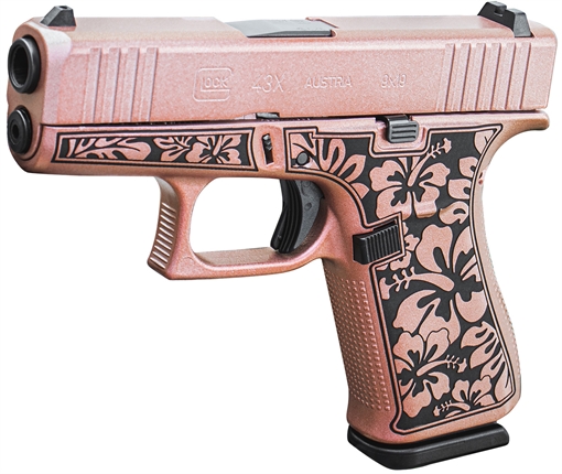 Picture of Glock UI4350204NHIBCHIM G43 Gen3 Sub-Compact Frame 9mm Luger 6+1 3.41" Black Steel Barrel, Chimera Cerakote Serrated Steel Slide, Chimera w/Hibiscus Cerakote Polymer Frame, Right Hand UI4350204NHIBCHIM UI4350204HIBCHIM