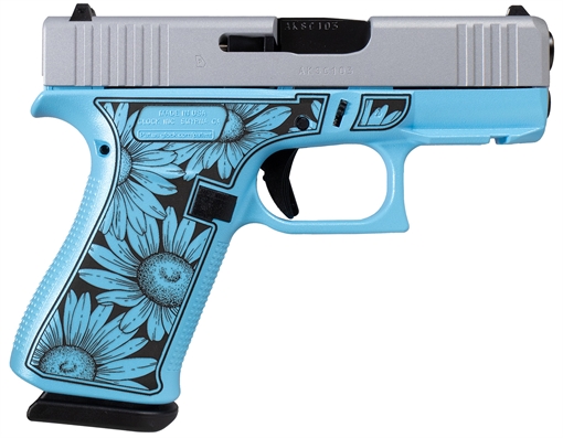 Picture of Glock G43X FR Miss Daisy Sub-Compact Frame 9mm 10+1 3.41" Black GMB Barrel, Serrated Steel Slide, Blue Cerakote Polymer Frame w/Black Daisy Laser Engraving Grip, Front Rail UX4350204FRDAISYBLUE