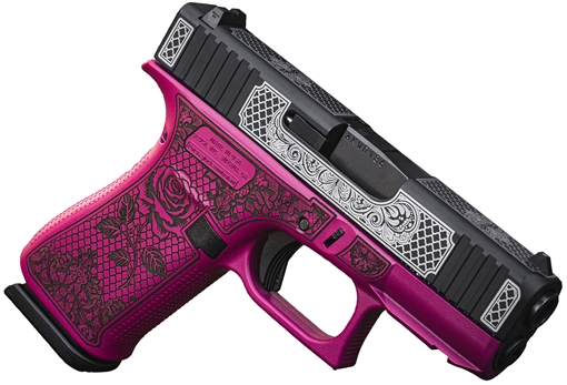 Picture of Glock G43X Sub-Compact Frame 9mm 10+1 3.41" Black GMB Barrel, Black w/White Scroll Cerakote Serrated Steel Slide, Black Cherry Lace w/Rose Cerakote Polymer Frame & Grip UX4350204FRNGLBC
