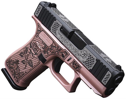 Picture of Glock UX4350204FRGLRG G43X D.O.G.E. Sub-Compact Frame 9mm 10+1 3.41" Black GMB Barrel Black w/White Scroll Cerakote, Serrated Steel Slide Rose Gold Lace w/Rose Cerakote Polymer Frame & Grip UX4350204FRNGLRG