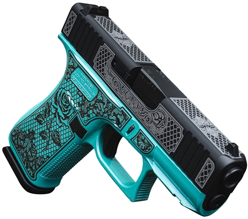 Picture of Glock G43X Sub-Compact Frame 9mm 10+1 3.41" Black GMB Barrel Black w/White Scroll Cerakote Serrated Steel Slide, Tiffany Blue Lace w/Rose Cerakote Polymer Frame & Grip UX4350204FRNGLTB