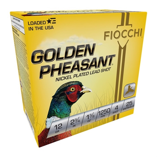Picture of FIOCCHI GOLDEN PHEASANT AMO 12GA 2.75 IN 1 3/8 OZ #4 1250FPS 25-RD ( 10 BOXES PER CASE ) 12GP4