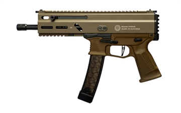 Picture of Grand Power Stribog SP9A1, Semi-automatic Pistol, 9MM, 8" Barrel, Threaded 1/2X28, Aluminum Frame, Matte Finish, Flat Dark Earth, M-LOK Rail, Manual Safety, Non-Reciprocating Charging Handle, 30 Rounds, 3 Magazines 197892004763