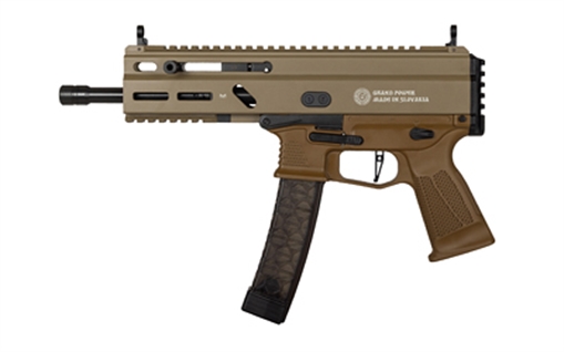 Picture of Grand Power Stribog SP9A3, Semi-automatic, Aluminum Frame Pistol, 9MM, 8" Barrel, Threaded 1/2X28, Matte Finish, Flat Dark Earth, M-LOK Rail, Manual Safety, Non-Reciprocating Charging Handle, 30 Rounds, 3 Magazines 197892004770
