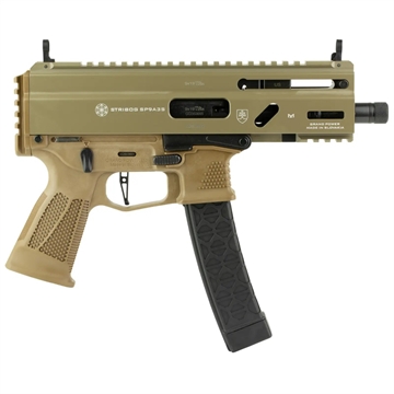Picture of Grand Power Stribog SP9A3S, Semi-automatic, Aluminum Frame Pistol, 9MM, 5" Barrel, Threaded 1/2X28, Matte Finish, Flat Dark Earth, M-LOK Rail, Manual Safety, Non-Reciprocating Charging Handle, 30 Rounds, 3 Magazine 197892004787