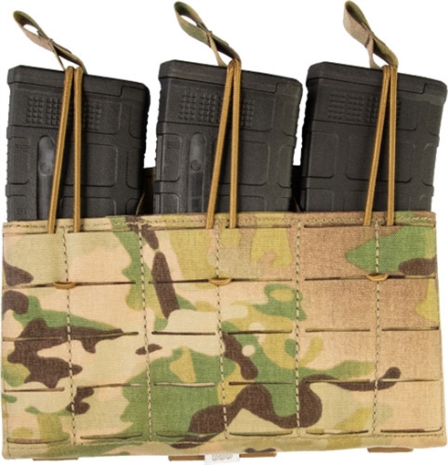 Picture of Grey Ghost Gear Compact Triple Mag Panel 5.56, Mag Pouch, Fits AR-15 Magazines, Laminate Nylon, Includes a Bungee Retention Strap to Allow for Silent Removal of your Magazine, Attaches to any MOLLE/PALS Style Webbing with the Included MALICE Clips, Multicam GTG0384-5