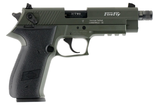 Picture of GSG FireFly 22 LR 10+1 4.90" Black Steel/Threaded Barrel, Green Serrated Slide & Zinc Alloy w/Accessory Rail Frame, Black Polymer Grip GERG2210TFFG
