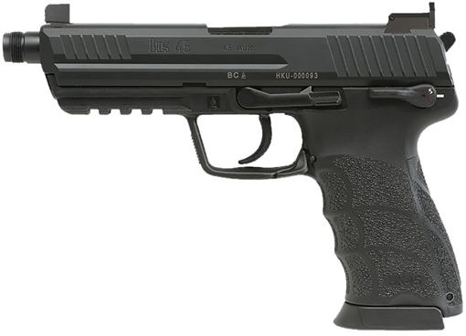 Picture of Heckler & Koch HK45 Tactical, Semi-automatic, V1 DA/SA, Full Size, 45 ACP, 5.2" Threaded Barrel, Matte Finish, Black, Manual Safety, Front Night Sight, 10 Rounds, 2 Magazines 81001117