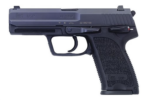 Picture of HK USP V1 SA/DA 40 S&W Caliber with 4.25" Barrel, 10+1 Capacity, Overall Black Finish, Serrated Trigger Guard Frame, Serrated Steel Slide & Polymer Grip Includes 2 Mags 81000316