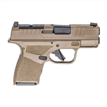 Picture of Springfield Hellcat, Striker Fired, Semi-automatic, Polymer Frame Pistol, Micro-Compact, 9MM, 3" Hammer Forged Barrel, Cerakote Finish, Desert FDE, Textured Grips, Tritium/Luminescent Front Sight, Tactical Rack U-Notch Rear Sight, Optics Ready, 2 Magazines, (1) 11-Round and (1) 13-Round HC9319FOSP