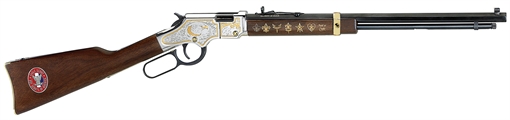 Picture of HENRY GOLDEN BOY EAGLE SCOUT TRIBUTE 2ND EDITION  22LR 20IN BARREL 16RD NICKEL/WOOD ENGRAVED NICKEL PLATED W/ SELECTIVE 24KT GOLD PLATING AMERICAN WALNUT STK ADJ BUCKHORN REAR SIGHT BRASS BEAD FRONT H004ES2 619835016812