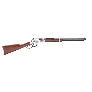 Picture of Henry Repeating Arms Silver Boy Father's Day, Lever Action Rifle, 22 LR/22 Short, 20" Octagon Barrel, Nickel Finish, Silver, Engraved Receiver, Adjustable Buckhorn Rear Sight/Bead Front Sight, Walnut Stock, 16 Round and 21 Round H004SFD