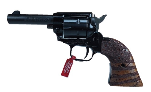 Picture of Heritage Mfg Barkeep 22 LR 6 Shot, 3" Black Oxide Steel Barrel, Black Oxide Zinc Alloy Frame, Black Oxide Cylinder, Wood w/1776 Flag Engraved Grip, Hammer Block Safety, Exposed Hammer BK22B3WBRN35
