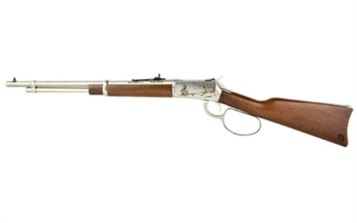 Picture of Heritage R92, TALO Edition Engraved Cowboy Theme, Lever Action Shotgun, 357 Magnum, 18" Barrel, Stainless Steel Silver Finish, Fixed Sights, Wood Stock, 8 Rounds 92357189-EN2