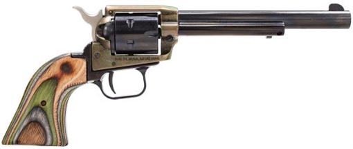 Picture of Heritage Mfg Rough Rider 22 LR/22 WMR 6 Shot, 6.50" Black Steel Barrel & Cylinder, Simulated Case Hardened Zinc Alloy Frame, Camo Laminate Grip, Hammer/Thumb Safety, Exposed Hammer RR22MCH6