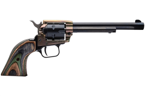 Picture of Heritage Mfg Rough Rider 22 LR 6 Shot, 6.50" Black Oxide Steel Barrel, Simulated Case Hardened Zinc Alloy Frame, Black Oxide Cylinder, Camo Laminate Grip, Manual Safety, Exposed Hammer RR22CH6