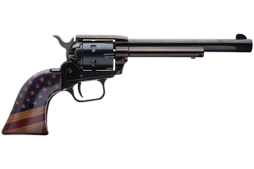 Picture of Heritage Mfg Rough Rider 22 LR 6 Shot, 6.50" Black Oxide Steel Barrel, Black Oxide Zinc Alloy Frame, Black Oxide Cylinder, Gold USA Flag Grip, Exposed Hammer RR22B6GOLDUSA
