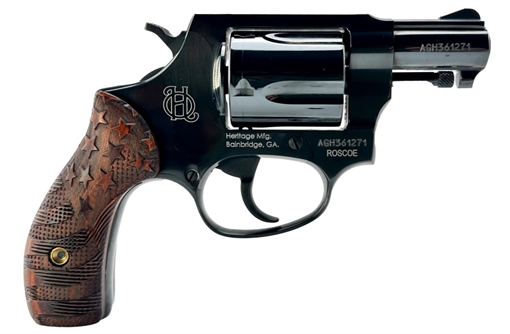 Picture of Heritage Roscoe, Double/Single Action Revolver, 38 Special, 2" Barrel, Blued Finish, Black, Custom Wood Engraved Wood Grips, 5 Rounds HR38B2-US1