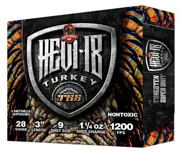 Picture of HEVI-Shot HEVI-18 TSS Turkey 28Gauge 3" 1 1/4oz Tungsten 9Shot 5 Per Box/10 Case HS7289