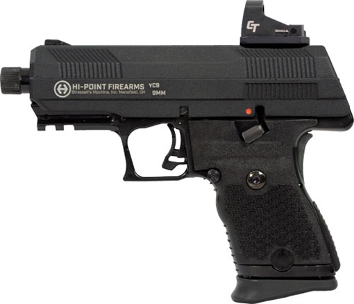 Picture of Hi-Point Firearms YC-9, Semi-automatic, Striker Fired, Polymer Framed Pistol, Compact, 9mm, 3.93" Threaded Barrel, Threaded 1/2x28, Includes Crimson Trace Red Dot, Matte Finish, Black, 10 Rounds, 1 Magazine YC9RDCT