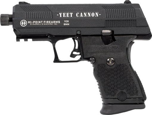 Picture of Hi-Point YC9 9mm Luger 10+1 4.12" Black Steel Threaded Barrel, Black w/Engraved "Yeet Cannon" YC9 Styled/Serrated Slide, Black Polymer Frame w/Picatinny Rail, Black Plastic Grips YC9YEET