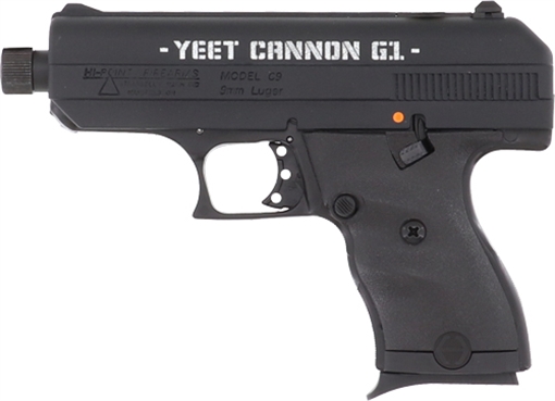 Picture of Hi-Point Firearms C-9, Yeet Cannon, Striker Fired, Semi-automatic, Polymer Frame Pistol, Compact, 9MM, 3.5" Threaded Barrel, Matte Finish, Black, 3 Dot Sights, 8 Rounds, 1 Magazine 916G1YCTB