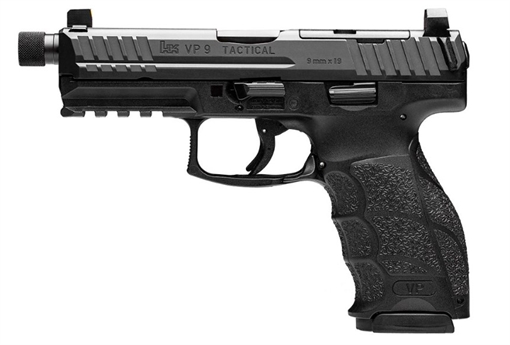 Picture of HK VP9 Tactical 9mm Luger 10+1 4.70" Black Threaded Barrel, Black Cerakote Optic Ready/Serrated Steel Slide, Black Polymer Frame w/Picatinny Rail, Black Interchangeable Backstrap Grip 81001168