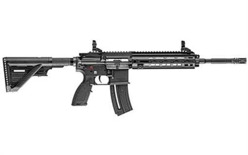 Picture of Heckler & Koch HK416, 22LR, Semi-automatic, AR-15, 16.1" Threaded Barrel, 1/2X28 Threads, Black, Synthetic Stock, Right Hand, 1 Mag, 10Rd, MLOK RIS Rail, Front/Rear Flip Sights 81000402