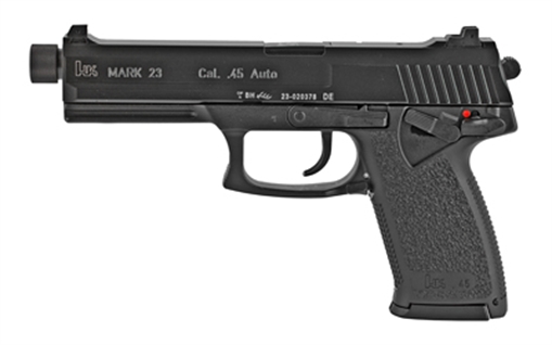 Picture of Heckler & Koch Mark 23, Double Action/Single Action, Semi-automatic, Polymer Frame Pistol, Full Size, 45 ACP, 5.87" Barrel, Threaded Barrel, Matte Finish, Black, 3 Dot Sights, Decocker and Ambidextrous Safety, 12 Rounds, 2 Magazines, Ambidextrous 81000078