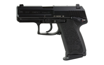 Picture of Heckler & Koch USP Compact, V1, Double Action/Single Action, Semi-automatic, Polymer Frame Pistol, Compact, 9MM, 3.58" Barrel, Matte Finish, Black Finish, 3 Dot Sights, Safety/Decocker, 13 Rounds, 2 Magazines 81000329