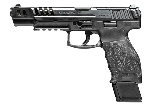 Picture of HK VP9 Match 9mm Luger 15+1 5.51" Polygonal Rifled Barrel, Black Optic Ready/Serrated w/Ports Slide & Frame w/Picatinny Rail, Black Finger Grooved Polymer Grips, Ambidextrous 81000935