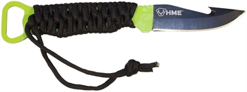 Picture of HME HMEKN-SKFBG Skeleton 4.5" Fixed Gut Hook Plain Black Oxide Stainless Steel Blade/Black/Green Cord Wrapped Micarta Handle Includes Sheath HMEKNSKFBG