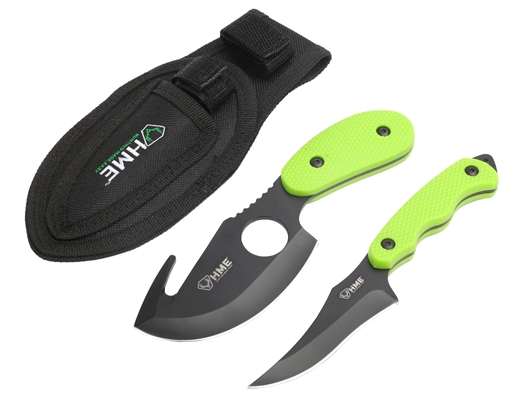 Picture of HME Skinning Kit 3.50" Fixed Skinner w/Gut Hook/Caping Plain/Gut Hook Black Oxide 420HC Blade, TPR Green Handle HMEKN2PSGC