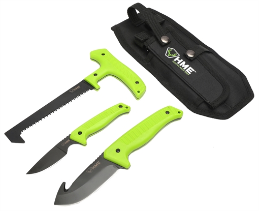Picture of HME 3-Piece Field Kit Fixed 420HC Stainless Steel Black Oxide Thermoplastic Rubber Green 9.50" Gut Hook/8.75" Saw/7.50" Caper KN3PFK