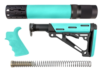 Picture of Hogue OverMolded 3-Piece Kit Collapsible Aqua OverMolded Rubber Black & Aqua Rubber Grip, Rifle Length Forend AR15, M16 13478