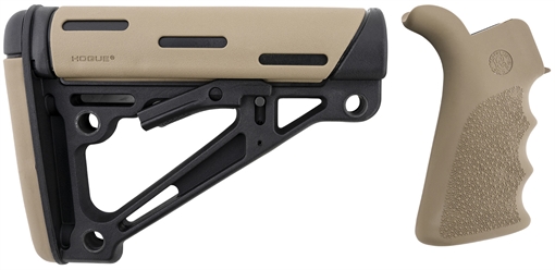Picture of Hogue OverMolded Collapsible Buttstock Black Synthetic Flat Dark Earth OverMolded Rubber & Flat Dark Earth Rubber Finger Grooved Grip for AR-15, M16 with Mil-Spec Buffer Tube (Tube Not Included) 15356