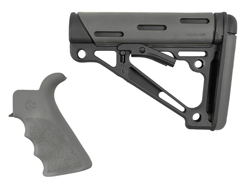 Picture of Hogue OverMolded Collapsible Buttstock Black Synthetic & Slate Gray OverMolded Rubber Stock Slate Gray Rubber Finger Grooved Grip for AR-15, M16 with Mil-Spec Buffer Tube (Tube Not Included) 15556