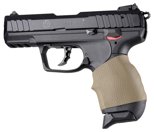 Picture of Hogue HandAll Jr. Grip Sleeve Small Size made of Rubber with Textured Flat Dark Earth Finish & Finger Groove for Most 22, 25 & 38 Pistols 18003