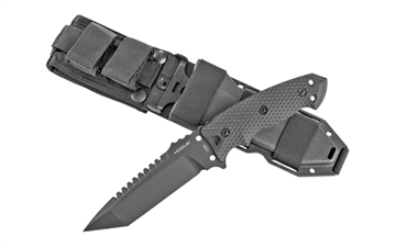 Picture of Hogue EX-F01, Fixed Blade Knife, 5.5" Tanto Blade with Broad Rear Saw Teeth, Black Cerakote Finish, A2 Tool Steel, G10 Black Handle Includes Retention Sheath 35129