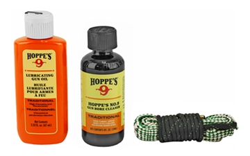 Picture of Hoppe's 1-2-3 Done! Cleaning Kit, .30 Cal Rifle, Clam Pack, Includes BoreSnake, Solvent, and Oil 110030