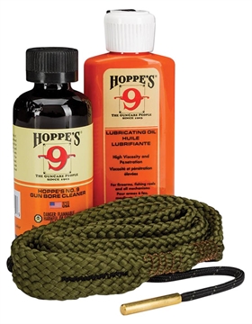 Picture of Hoppe's 1-2-3 Done! Cleaning Kit, 9MM Pistol, Clam Pack, Includes Bore Snake, Solvent, and Oil 110009