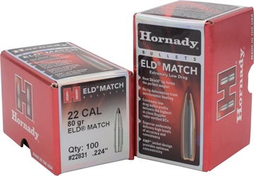Picture of Hornady ELD Match 22 Cal .224 80 gr Extremely Low Drag Match 100 Per Box/ 25 Case 22831