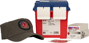 Picture of Hornady 250th Anniversary Ammo Can Combo 9mm Luger 50/ct 115gr American Gunner XTP & 200/ct TAP Training FMJ w/ Hat and Sticker 90254