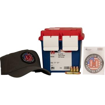 Picture of Hornady American Gunner Handgun Ammunition 45 Auto 185gr XTP 970 fps 250/ct Loose Ammo Can with Hat/Sticker 90909 090255909098
